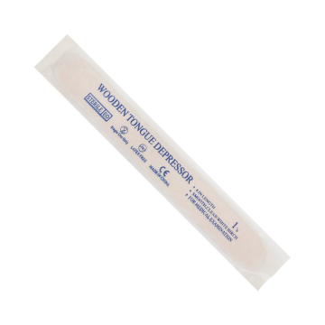 Sterile wooden tongue depressor sealed in single-use sterile packaging