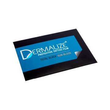 Verpakking met 5 voorgesneden vellen Dermalize Pro Total Black Sun Block - Beschermende tatoeagefolie - 15 x 10 cm