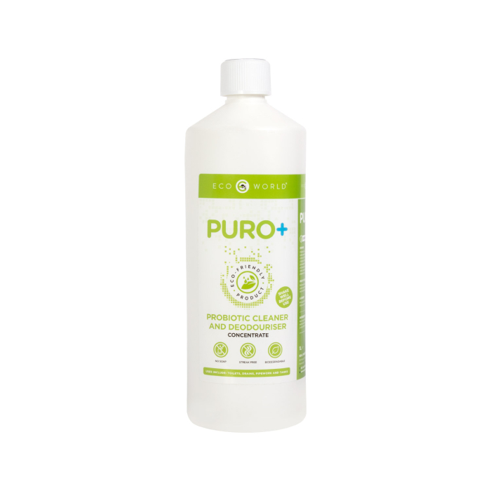 Un flacon blanc étiqueté Eco World Puro+ – Nettoyant et désodorisant probiotique concentré, avec accents verts, mettant en avant une formule écologique, non toxique et végane.
