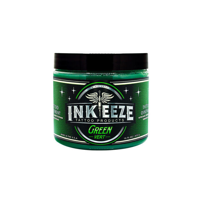INK-EEZE Green Glide tattoo ointment jar with black lid and green label