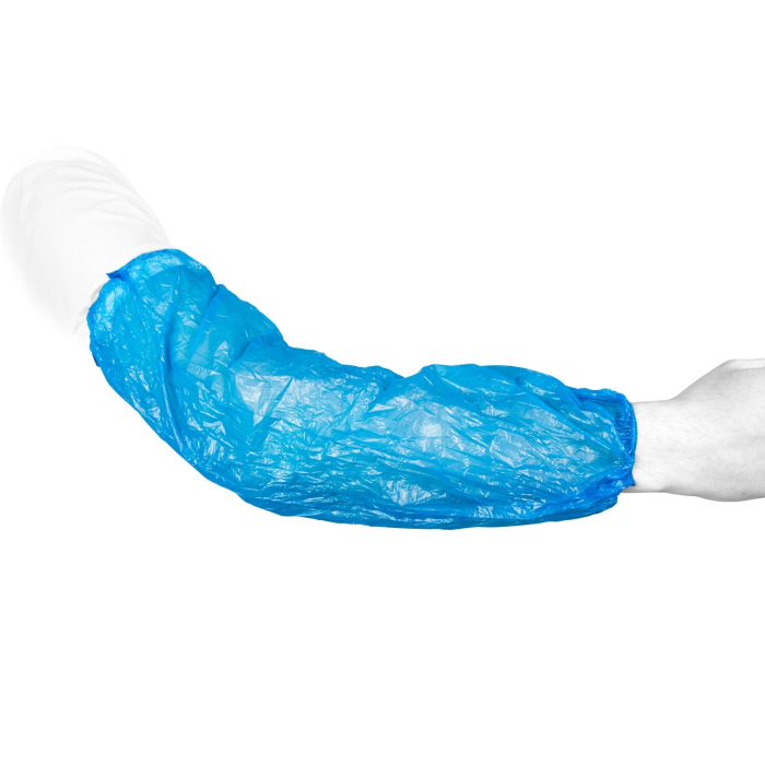 Disposable blue arm sleeve worn on a person's arm for protection or hygiene purposes.