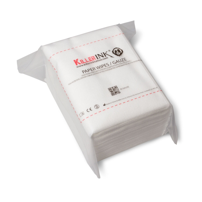 Pack of 50 Killer Ink white paper wipes and gauze in clear plastic packaging