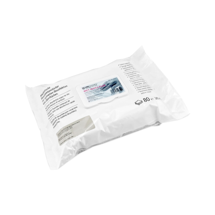 Un paquet scellé de 80 lingettes Unigloves Wet Wipes Plus, sans alcool ni aldéhyde (250 x 250 mm), avec un rabat en plastique refermable, présenté sur fond blanc.