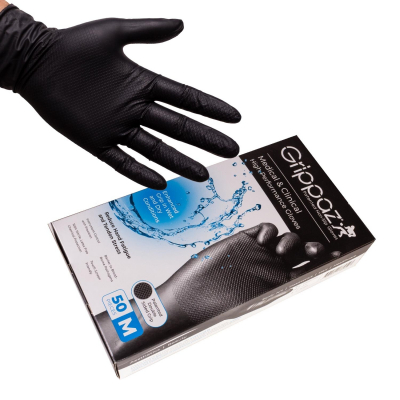 Doos met 50 Grippaz - High Performance Antislip Zwarte Nitril Handschoenen