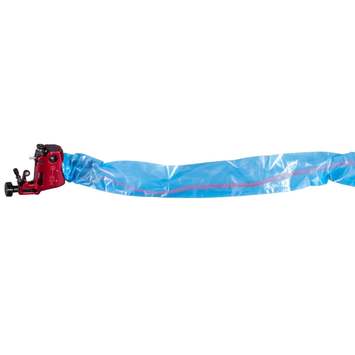 Blue tattoo clip cord sleeve cover protecting red tattoo machine cord