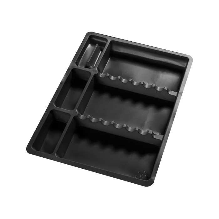 Un plateau noir « Boîte de 100 bacs jetables pour matériel » comporte plusieurs compartiments et deux rangées de rainures pour les ustensiles, sur fond blanc.