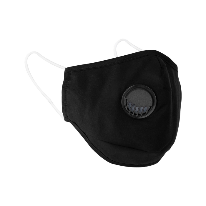 Le Masques Pharmadent Lavables, Réutilisables - PharmaDent est un masque facial noir réutilisable doté d'une valve respiratoire latérale ronde et de deux boucles d'oreille élastiques blanches, présentées sur un fond blanc.