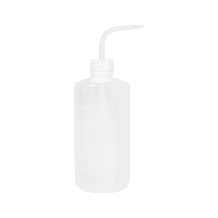 Transparent 500ml plastic rinse and wash squeeze bottle with angled nozzle.