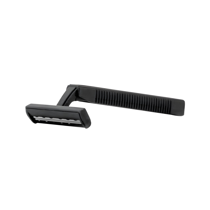 Black disposable razor with double blade and textured handle isolated on white background