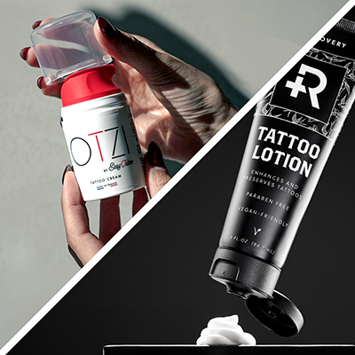Close-up van Otzi en Recovery Tattoo Lotion voor tattoo-nazorg