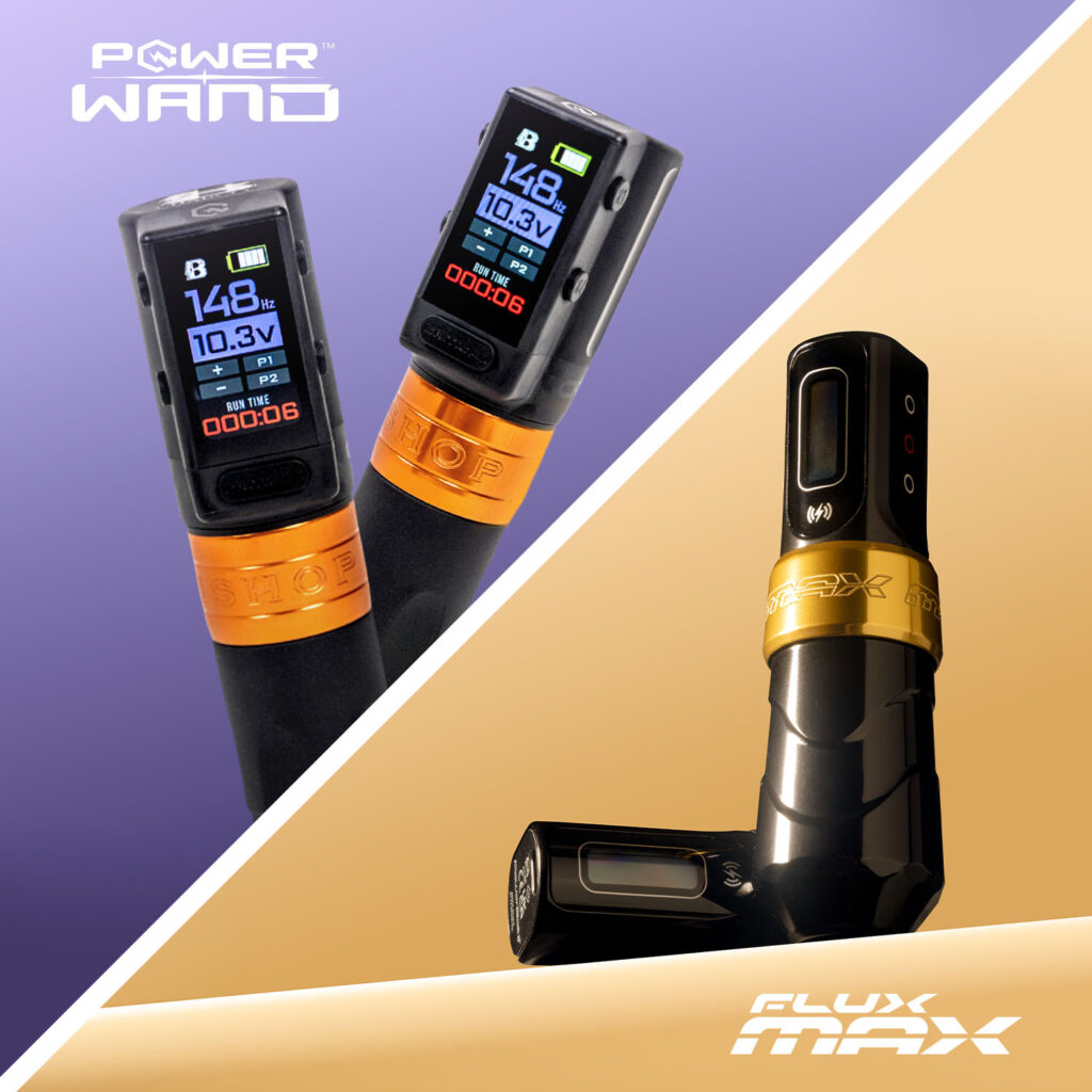 De Bishop Power Wand tattoo-machine met een paarse achtergrond en de FK Irons Flux Max tattoo-machine met een gouden achtergrond.
