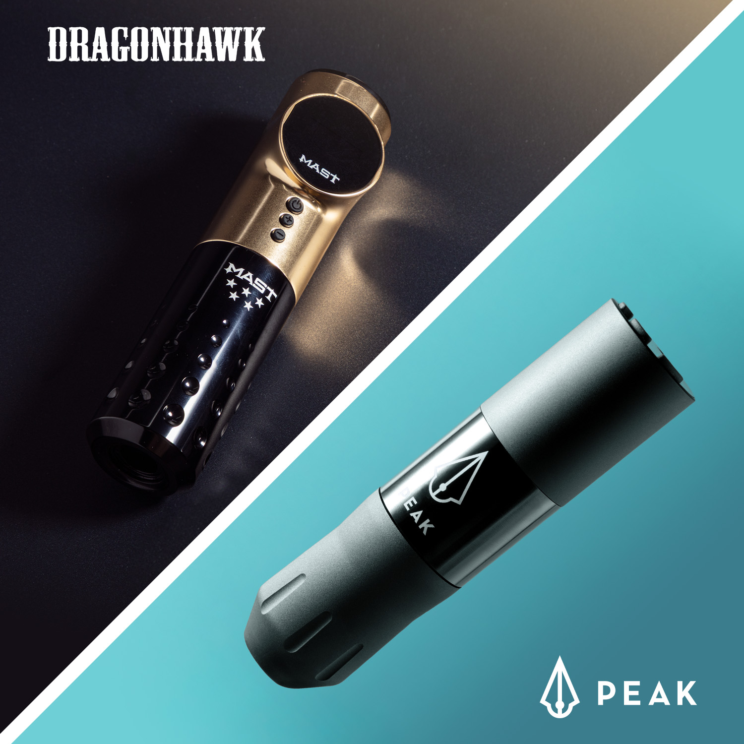 Een Dragonhawk-tatoeagemachine en een Peak-tatoeagemachine