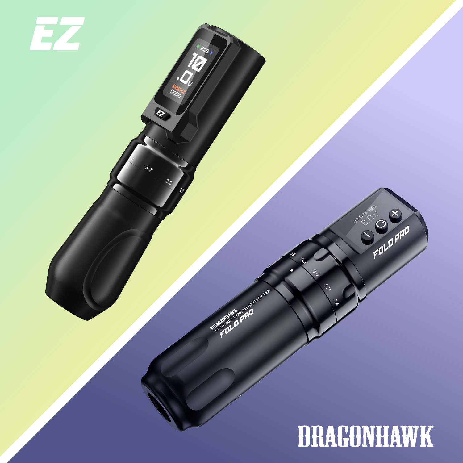 Een EZ-tatoeagemachine en een Dragonhawk-tatoeagemachine