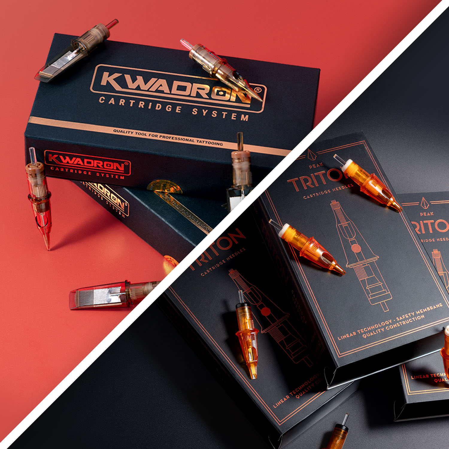 Op elkaar gestapelde dozen met Kwadron- en Peak Triton-cartridges