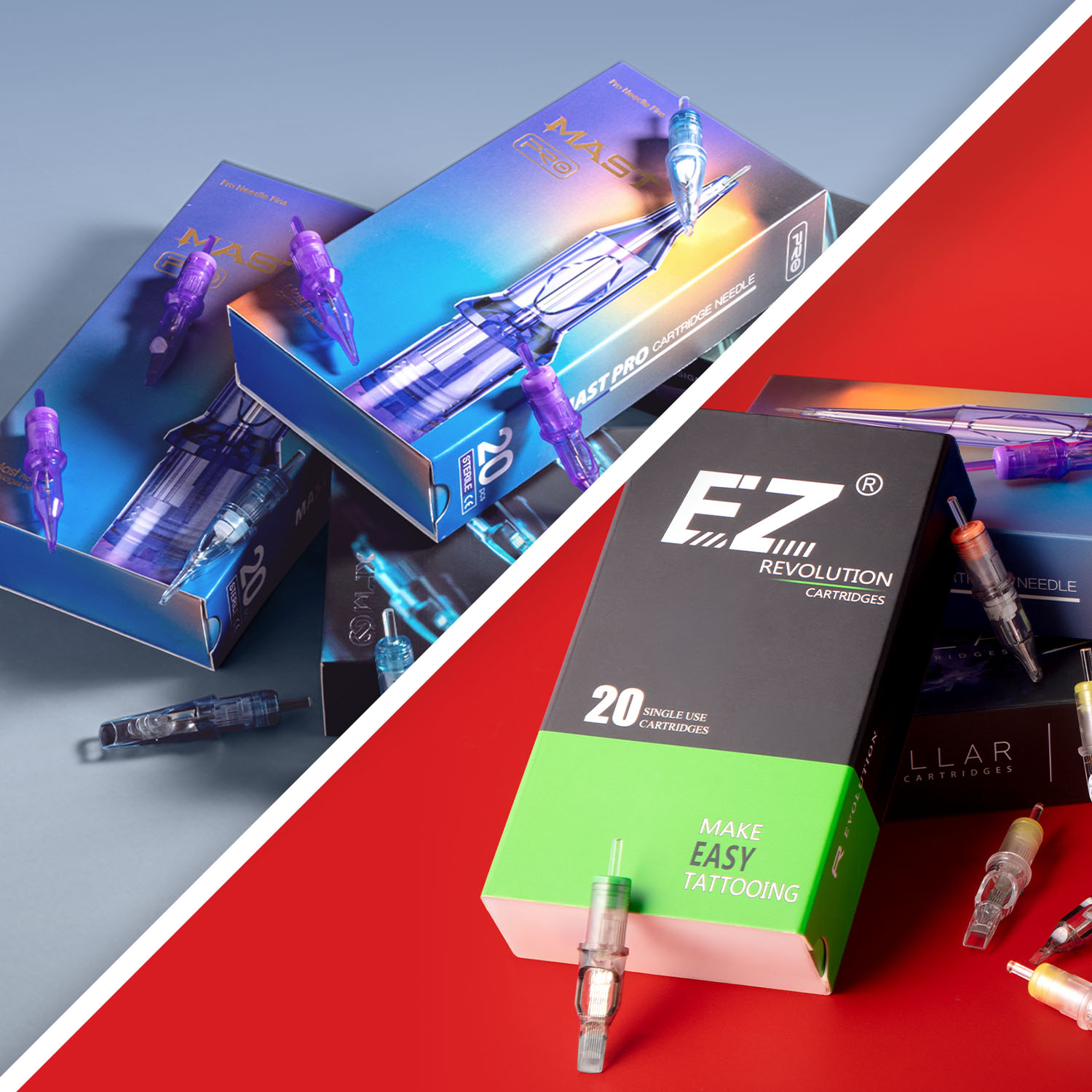 Op elkaar gestapelde dozen met Dragonhawk Mast Pro- en EZ Revolution-cartridges