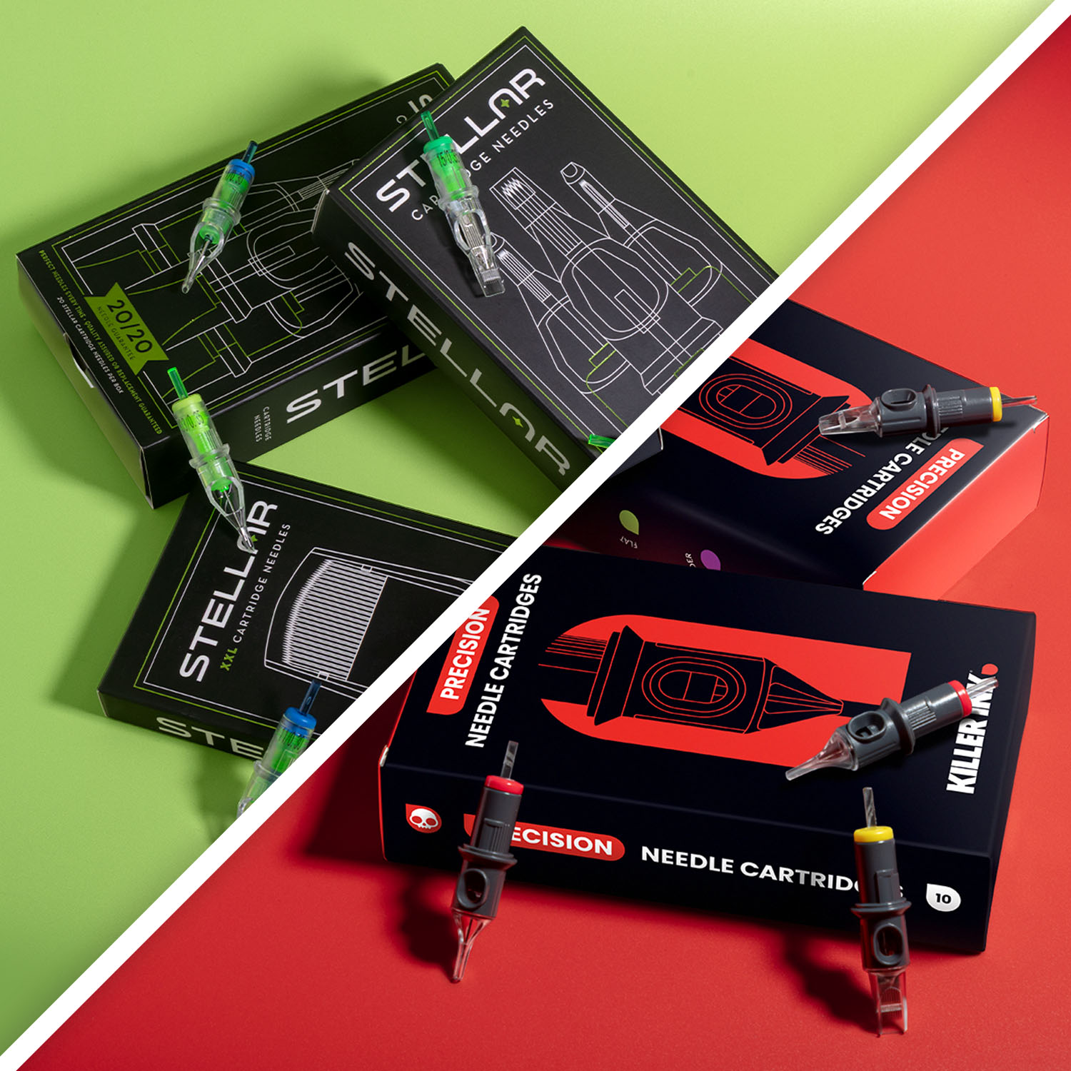 Op elkaar gestapelde dozen met Peak Stellar- en Killer Ink-cartridges