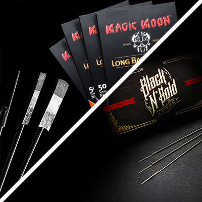 Een gesplitste afbeelding van Magic Moon-naalden en Black N Gold-naalden in verschillende configuraties.