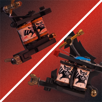 Een mix van coil-tatoeagemachines op een rood-zwarte achtergrond